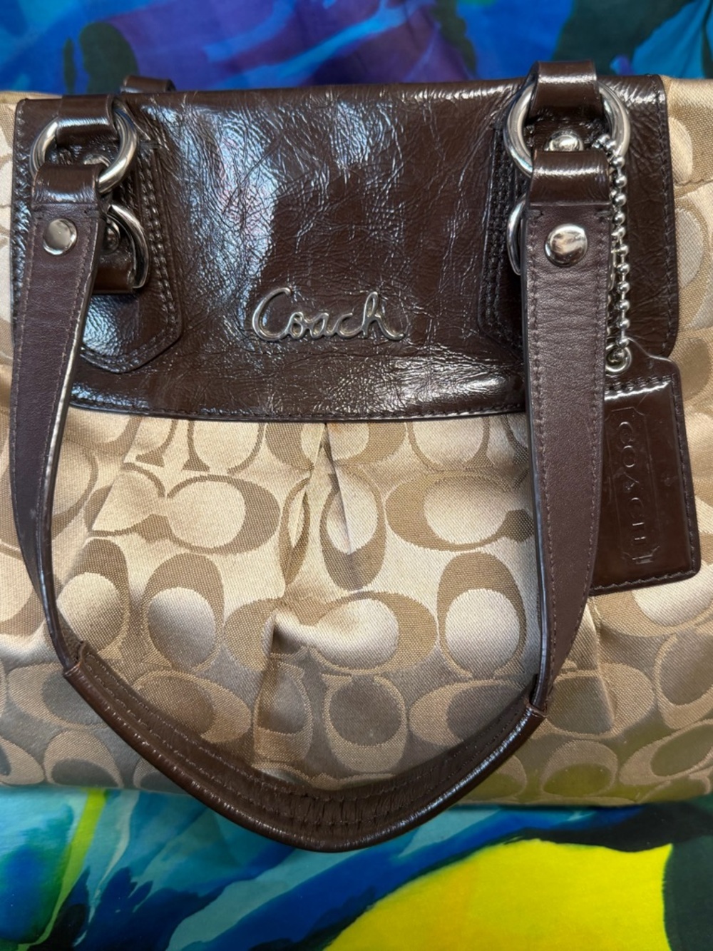 Coach Brown Leather & Cream Signature Canvas Shoulder Bag